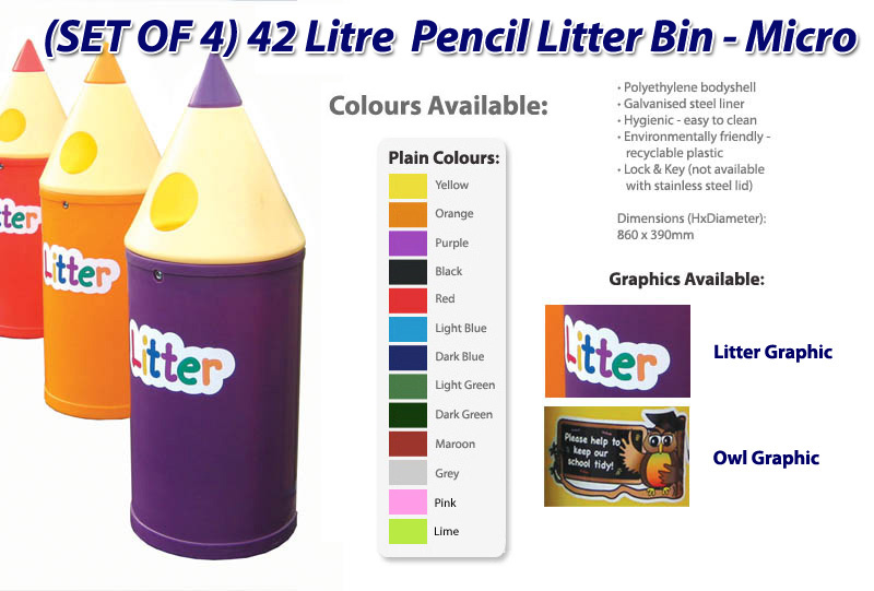 SET OF 4: 42 Litre Pencil Litter Bins - Micro