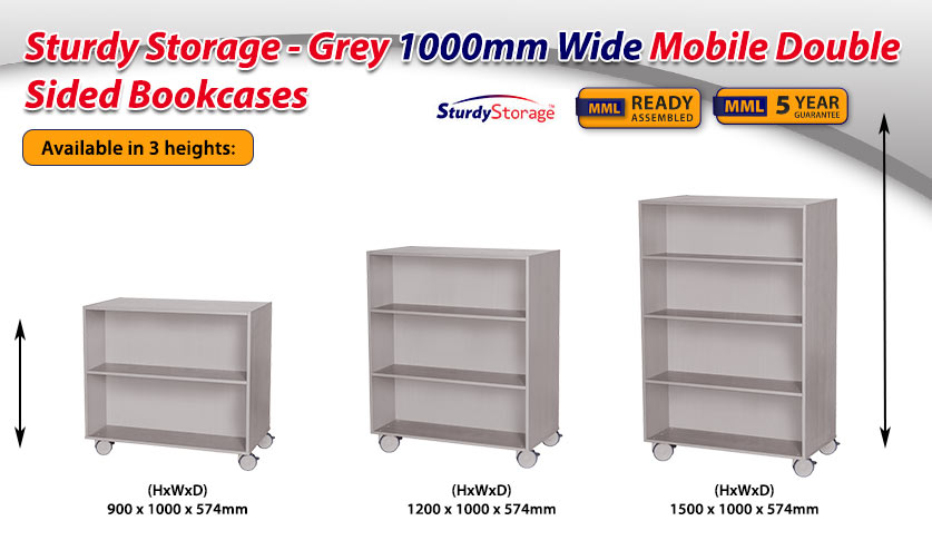 Sturdy Storage - Grey 1000mm Wide Mobile Double Sided Bookcase Fragment