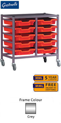 Gratnells Complete Low Height Double Column Grey Frame Trolley With 10 Shallow Trays Set - 735mm