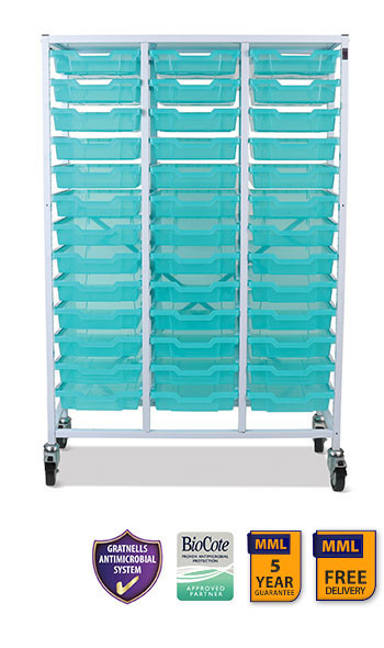 Gratnells Mid Height Treble Trolley Antimicrobial Set In White With 39 Shallow Antimicrobial Trays And 39 Pairs Of Runners