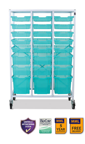 Gratnells Mid height Treble Trolley Antimicrobial Set In White With 15 Shallow, 6 Deep And 3 Jumbo Antimicrobial Trays And 24 Pairs Of Runners