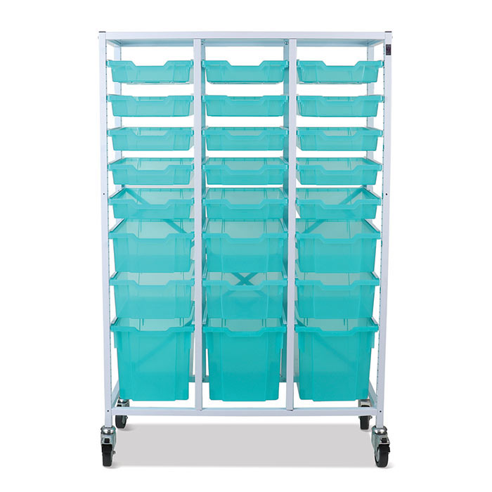 Gratnells Mid height Treble Trolley Antimicrobial Set In White With 15 Shallow, 6 Deep And 3 Jumbo Antimicrobial Trays And 24 Pairs Of Runners