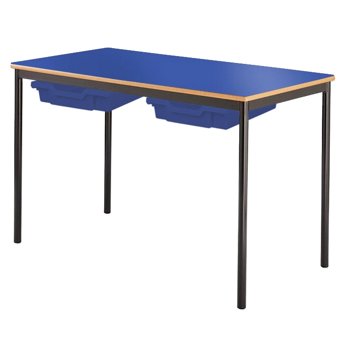 Classroom Contract Spiral Stacking Rectangular Table - Bullnosed MDF Edge - With 2 Shallow Trays and Tray Runners