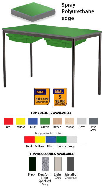 Classroom Contract Spiral Stacking Rectangular Table - Spray Polyurethane Edge - With 2 Shallow Trays and Tray Runners