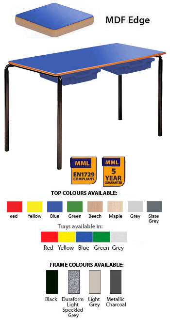 Contract Classroom Slide Stacking Rectangular Table - Bullnosed MDF Edge - With 2 Shallow Trays and Tray Runners