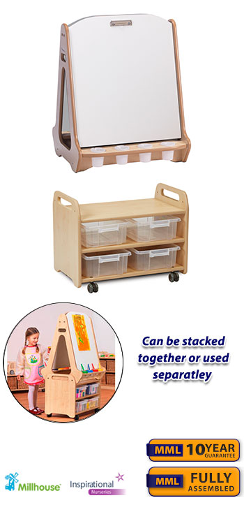 PlayScapes Double Sided Whiteboard Easel With Stand & Storage Trolley And 4 Clear Tubs Set