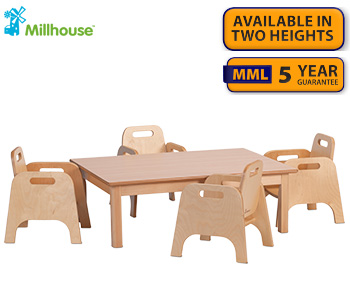 Small Rectangle Melamine Top Wooden Table And 4 Stacking Sturdy Chairs Set