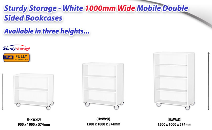 Sturdy Storage - White 1000mm Wide Mobile Double Sided Bookcases fragment