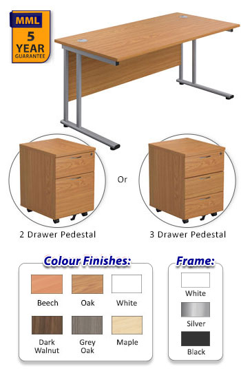 Cantilever Teachers 800mm Depth Rectangular Desk with Pedestal (Bundle)