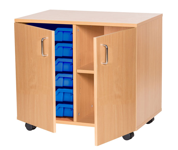 Sturdy Storage Double Column Unit - 6 Trays & 2 Storage Compartments with Doors