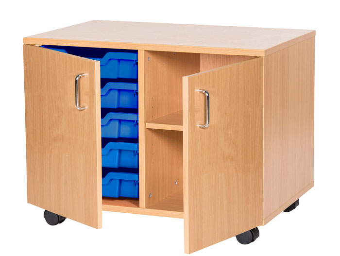 Sturdy Storage Double Column Unit - 5 Trays & 2 Storage Compartments with Doors