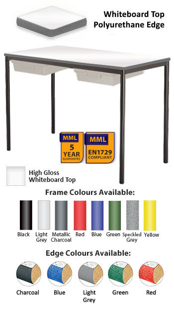 Whiteboard Spiral Stacking Rectangular Table - Duraform Spray Polyurethane Edge - With 2 Shallow Trays and Tray Runners